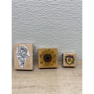Set Of 3 Mixed Brands Wood Mounted Rubber Stamps Flowers